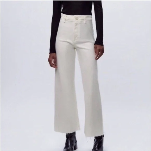 ZARA ZW Mariner High-Waisted Wide Leg Jeans in White - Picture 2 of 9